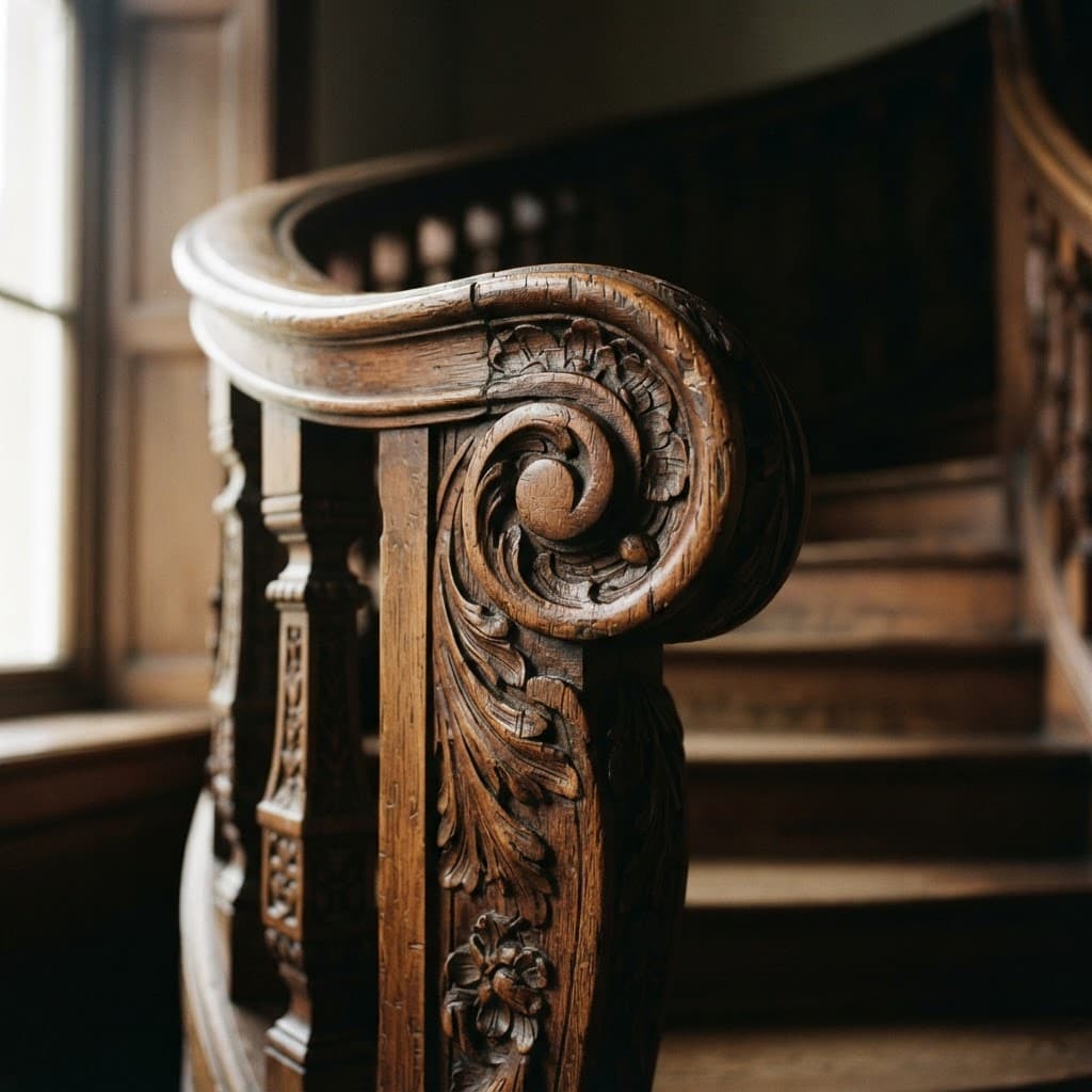 Scară curbă cu balustradă sculptată — imaginea 1 din 4